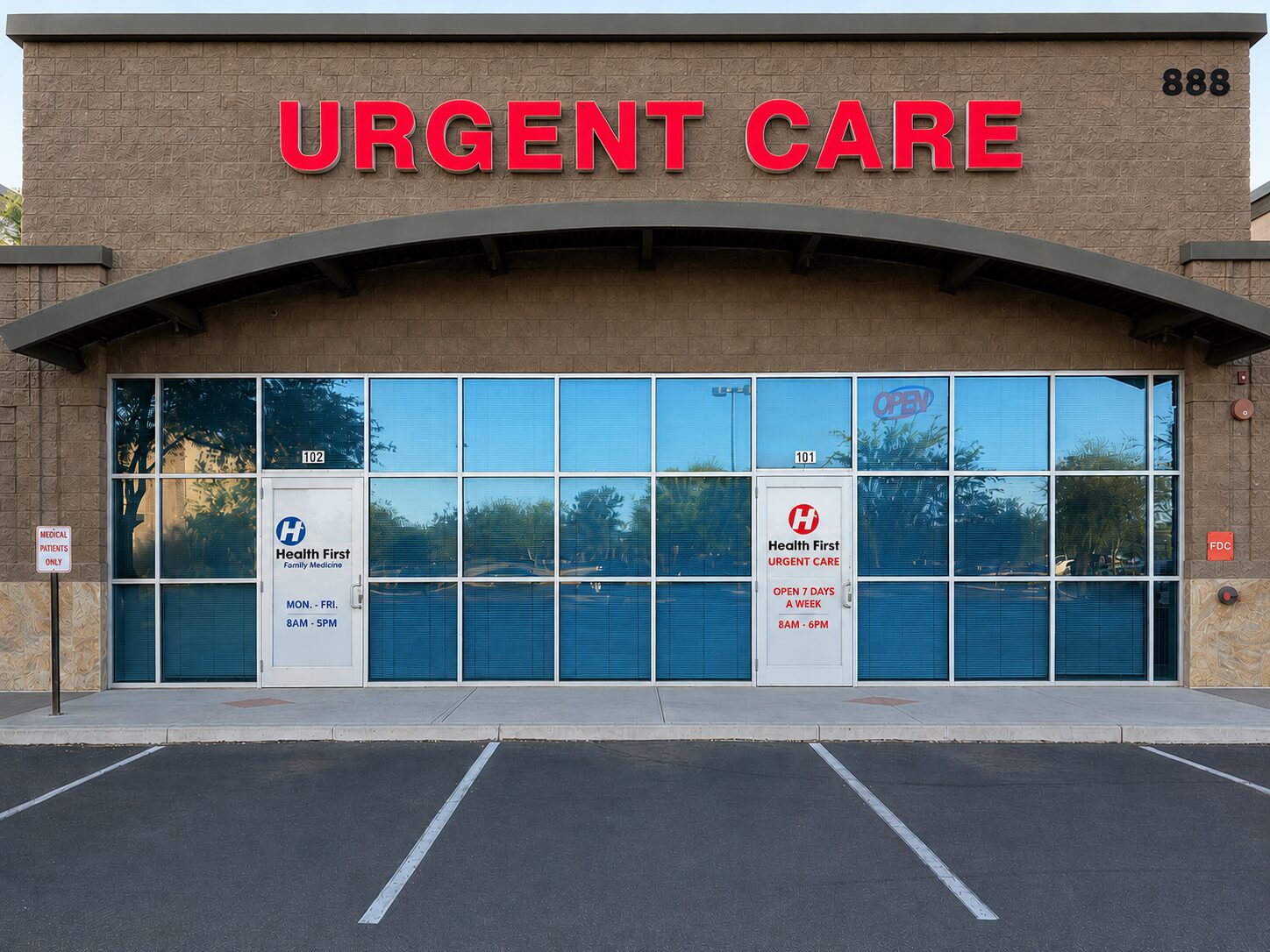 The Health First building front: Family Medicine entrance in Suite 102 and Urgent Care entrance in Suite 101